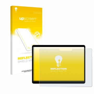 Face avant d’un emballage produit avec le logo de la marque upscreen. À côté, l’appareil Microsoft Surface Pro X est représent