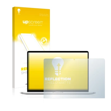 Face avant d’un emballage produit avec le logo de la marque upscreen. À côté, l’appareil Apple MacBook Pro 16