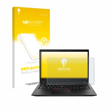Face avant d’un emballage produit avec le logo de la marque upscreen. À côté, l’appareil Lenovo ThinkPad T490s est représenté 