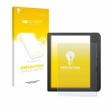 Face avant d’un emballage produit avec le logo de la marque upscreen. À côté, l’appareil Tolino Vision 5 est représenté avec l