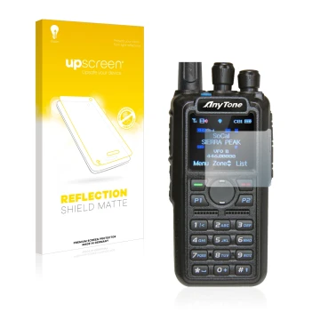 Face avant d’un emballage produit avec le logo de la marque upscreen. À côté, l’appareil AnyTone AT-D878UV est représenté avec