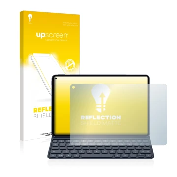 Face avant d’un emballage produit avec le logo de la marque upscreen. À côté, l’appareil Huawei MatePad Pro (2019) est représe