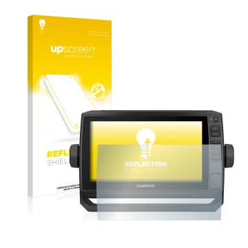 Face avant d’un emballage produit avec le logo de la marque upscreen. À côté, l’appareil Garmin ECHOMAP UHD 92sv est représent