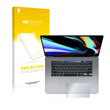 Face avant d’un emballage produit avec le logo de la marque upscreen. À côté, l’appareil Apple MacBook Pro 16