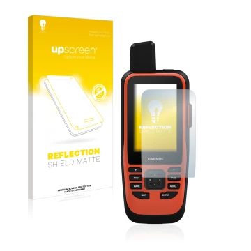 Face avant d’un emballage produit avec le logo de la marque upscreen. À côté, l’appareil Garmin GPSMAP 86i est représenté avec