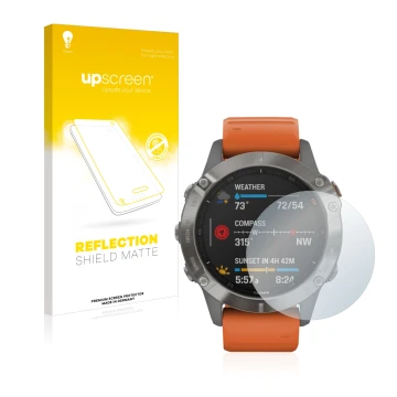 Face avant d’un emballage produit avec le logo de la marque upscreen. À côté, l’appareil Garmin Fenix 6 est représenté avec la