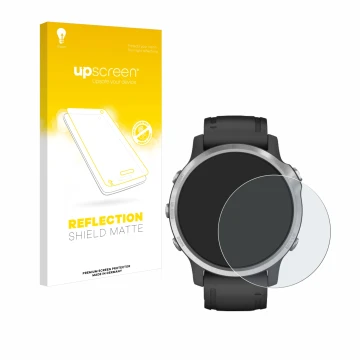 Face avant d’un emballage produit avec le logo de la marque upscreen. À côté, l’appareil Garmin Fenix 6S est représenté avec l