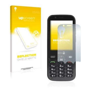 Face avant d’un emballage produit avec le logo de la marque upscreen. À côté, l’appareil Doro 7010 est représenté avec la prot