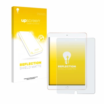 Face avant d’un emballage produit avec le logo de la marque upscreen. À côté, l’appareil Apple iPad 10.2