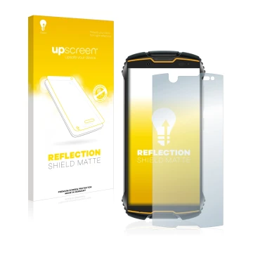 Face avant d’un emballage produit avec le logo de la marque upscreen. À côté, l’appareil Cubot King Kong Mini est représenté a