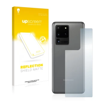 Face avant d’un emballage produit avec le logo de la marque upscreen. À côté, l’appareil Samsung Galaxy S20 Ultra (Arrière) es