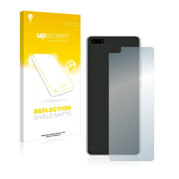 Face avant d’un emballage produit avec le logo de la marque upscreen. À côté, l’appareil Huawei P40 est représenté avec la pro