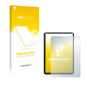 Face avant d’un emballage produit avec le logo de la marque upscreen. À côté, l’appareil Apple iPad Pro 11