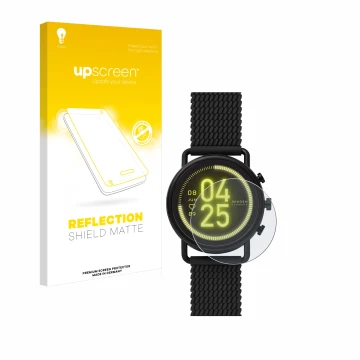 Face avant d’un emballage produit avec le logo de la marque upscreen. À côté, l’appareil Skagen Smartwatch Falster 3 est repré
