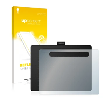 Face avant d’un emballage produit avec le logo de la marque upscreen. À côté, l’appareil Wacom Intuos M est représenté avec la