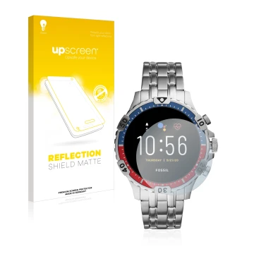 Face avant d’un emballage produit avec le logo de la marque upscreen. À côté, l’appareil Fossil Garrett HR (5. Gen) est représ