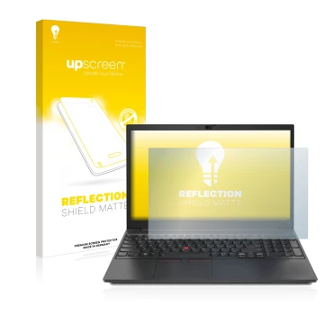 Face avant d’un emballage produit avec le logo de la marque upscreen. À côté, l’appareil Lenovo ThinkPad E15 est représenté av