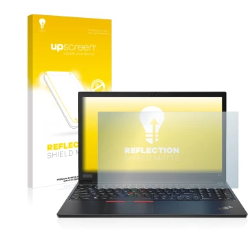 Face avant d’un emballage produit avec le logo de la marque upscreen. À côté, l’appareil Lenovo ThinkPad E14 Gen 2 est représe