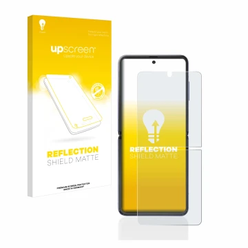 Face avant d’un emballage produit avec le logo de la marque upscreen. À côté, l’appareil Samsung Galaxy Z Flip est représenté 