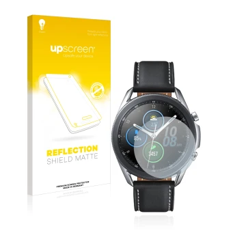 Face avant d’un emballage produit avec le logo de la marque upscreen. À côté, l’appareil Samsung Galaxy Watch 3 (41mm) est rep