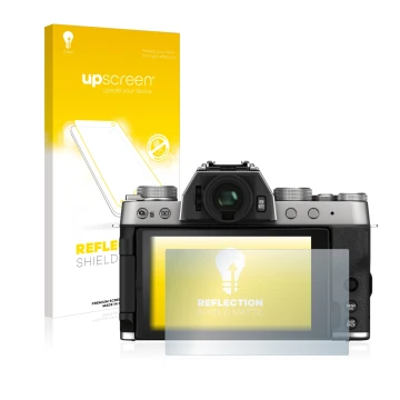 Face avant d’un emballage produit avec le logo de la marque upscreen. À côté, l’appareil Fujifilm X-T200 est représenté avec l