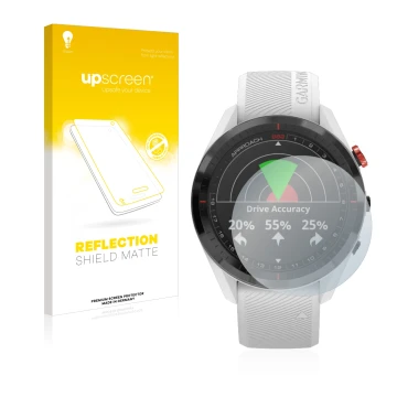 Face avant d’un emballage produit avec le logo de la marque upscreen. À côté, l’appareil Garmin Approach S62 est représenté av