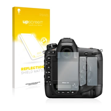 Face avant d’un emballage produit avec le logo de la marque upscreen. À côté, l’appareil Nikon D6 est représenté avec la prote