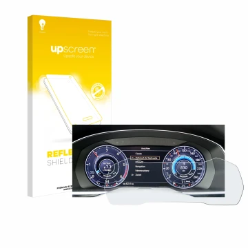 Face avant d’un emballage produit avec le logo de la marque upscreen. À côté, l’appareil Volkswagen Passat Active Info Cockpit