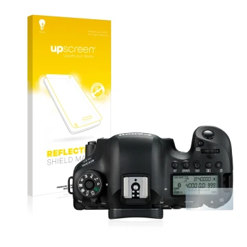 Face avant d’un emballage produit avec le logo de la marque upscreen. À côté, l’appareil Canon EOS 6D (affichage des épaules) 