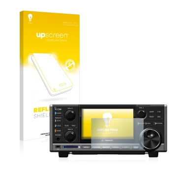 Face avant d’un emballage produit avec le logo de la marque upscreen. À côté, l’appareil Icom IC-R8600 est représenté avec la 