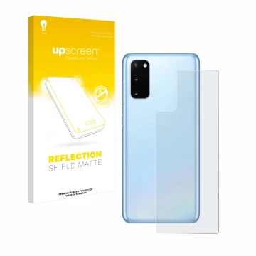 Face avant d’un emballage produit avec le logo de la marque upscreen. À côté, l’appareil Samsung Galaxy S20 5G (Arrière) est r