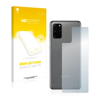 Face avant d’un emballage produit avec le logo de la marque upscreen. À côté, l’appareil Samsung Galaxy S20 Plus 5G (Arrière) 