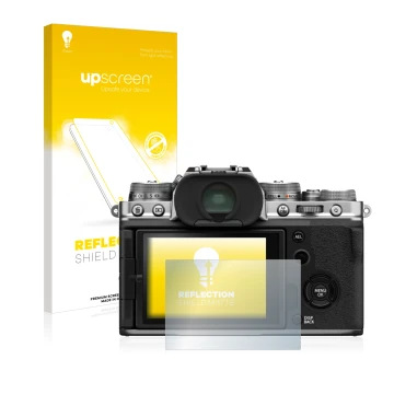 Face avant d’un emballage produit avec le logo de la marque upscreen. À côté, l’appareil Fujifilm X-T4 est représenté avec la 