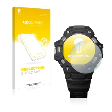 Face avant d’un emballage produit avec le logo de la marque upscreen. À côté, l’appareil Casio G-Shock GBD-H1000 est représent