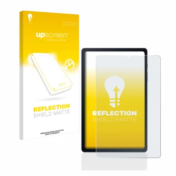 Face avant d’un emballage produit avec le logo de la marque upscreen. À côté, l’appareil Samsung Galaxy Tab S6 Lite LTE 2020 e