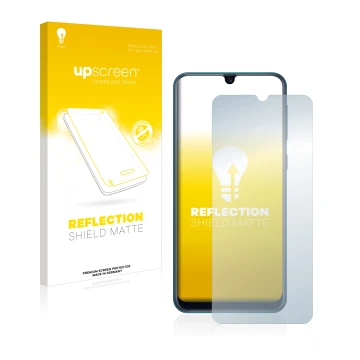 Face avant d’un emballage produit avec le logo de la marque upscreen. À côté, l’appareil Samsung Galaxy M21 est représenté ave