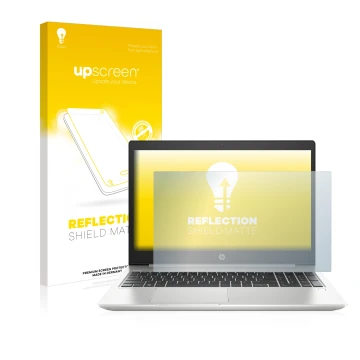 Face avant d’un emballage produit avec le logo de la marque upscreen. À côté, l’appareil HP ProBook 450 G6 est représenté avec