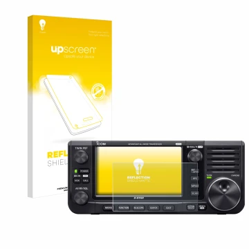 Face avant d’un emballage produit avec le logo de la marque upscreen. À côté, l’appareil Icom IC-705 est représenté avec la pr