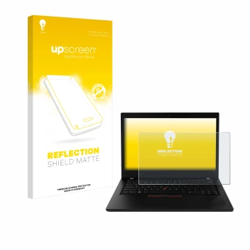 Face avant d’un emballage produit avec le logo de la marque upscreen. À côté, l’appareil Lenovo ThinkPad L490 est représenté a