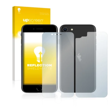 Face avant d’un emballage produit avec le logo de la marque upscreen. À côté, l’appareil Apple iPhone SE 2 2020 (Avant+Arrière