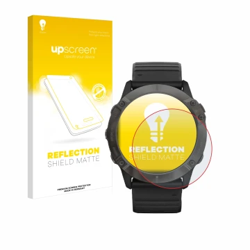 Face avant d’un emballage produit avec le logo de la marque upscreen. À côté, l’appareil Garmin Fenix 6X Pro Solar est représe