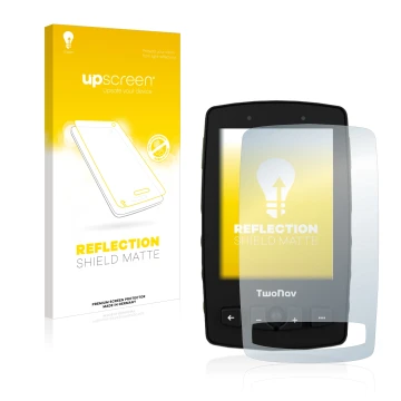 Face avant d’un emballage produit avec le logo de la marque upscreen. À côté, l’appareil TwoNav Aventura 2 est représenté avec