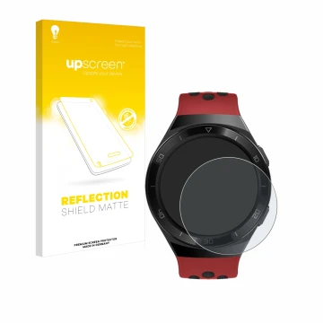 Face avant d’un emballage produit avec le logo de la marque upscreen. À côté, l’appareil Huawei Watch GT 2e est représenté ave