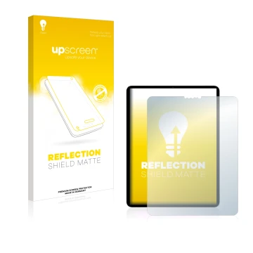 Face avant d’un emballage produit avec le logo de la marque upscreen. À côté, l’appareil Apple iPad Pro 11