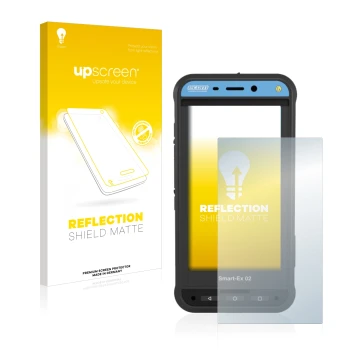 Face avant d’un emballage produit avec le logo de la marque upscreen. À côté, l’appareil Ecom Smart-Ex 02 DZ1 est représenté a