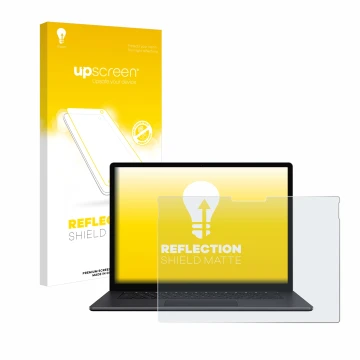 Face avant d’un emballage produit avec le logo de la marque upscreen. À côté, l’appareil Microsoft Surface Book 3 15