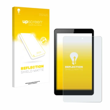 Face avant d’un emballage produit avec le logo de la marque upscreen. À côté, l’appareil Huawei MediaPad M5 Lite 8