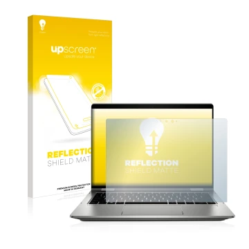 Face avant d’un emballage produit avec le logo de la marque upscreen. À côté, l’appareil HP ProBook x360 435 G7 est représenté