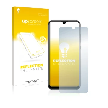 Face avant d’un emballage produit avec le logo de la marque upscreen. À côté, l’appareil Huawei P smart 2020 est représenté av