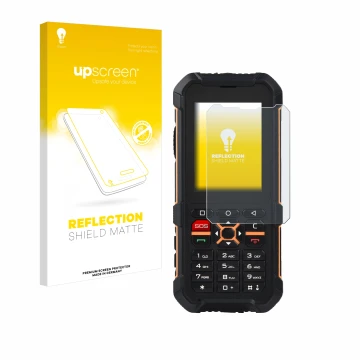 Face avant d’un emballage produit avec le logo de la marque upscreen. À côté, l’appareil RugGear RG170 est représenté avec la 